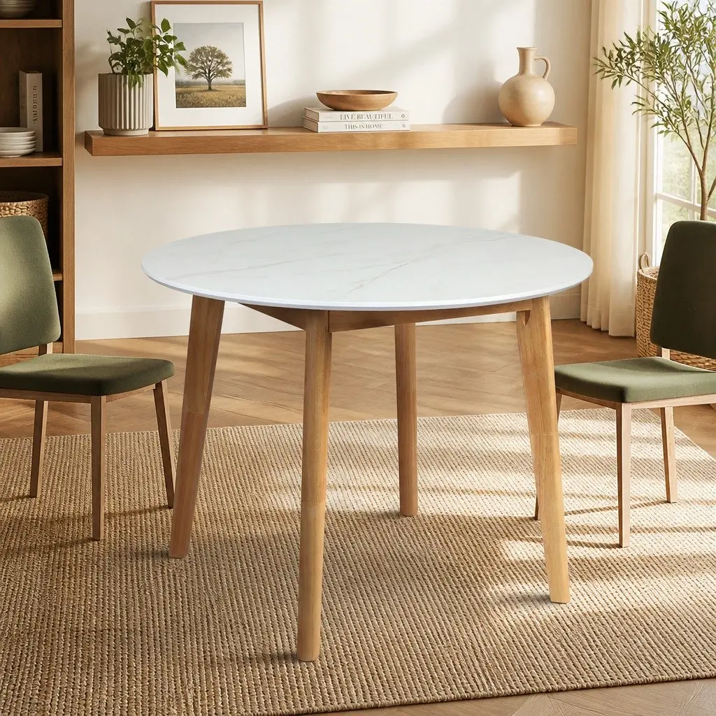 White Round Dining Table 100cm with Rubberwood Base