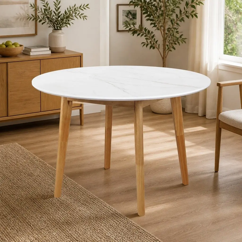 Round Dining Table 120cm White Rubberwood Base Home Kitchen Furniture Easy