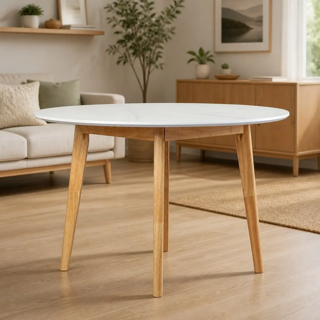 Round Dining Table 120cm White Rubberwood Base Home Kitchen Furniture Easy