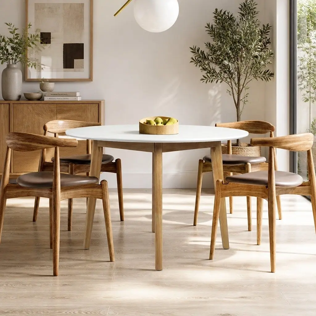 Round Dining Table 120cm White Rubberwood Base Home Kitchen Furniture Easy