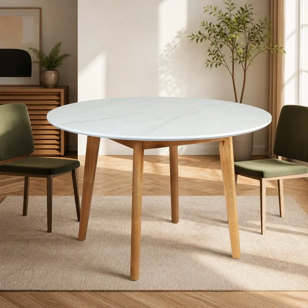 Round Dining Table 120cm White Rubberwood Base Home Kitchen Furniture Easy