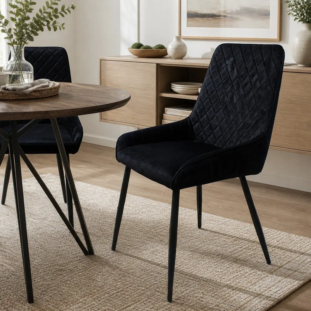 Dining Chairs Velvet Seat Padded Steel Frame High Density Foam Set of 4 Black