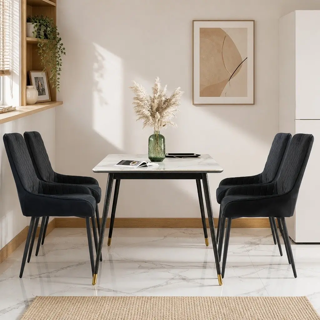 Dining Chairs Velvet Seat Padded Steel Frame High Density Foam Set of 4 Black