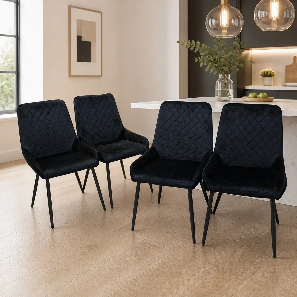 Dining Chairs Velvet Seat Padded Steel Frame High Density Foam Set of 4 Black