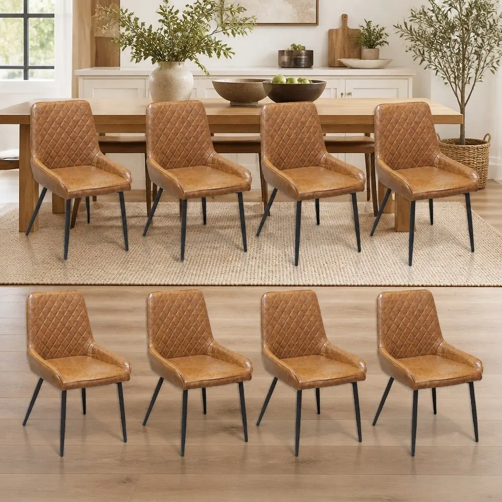 Dining Chairs Contemporary Brown Padded Seat PU Faux Leather Steel Legs 8 Piece Set