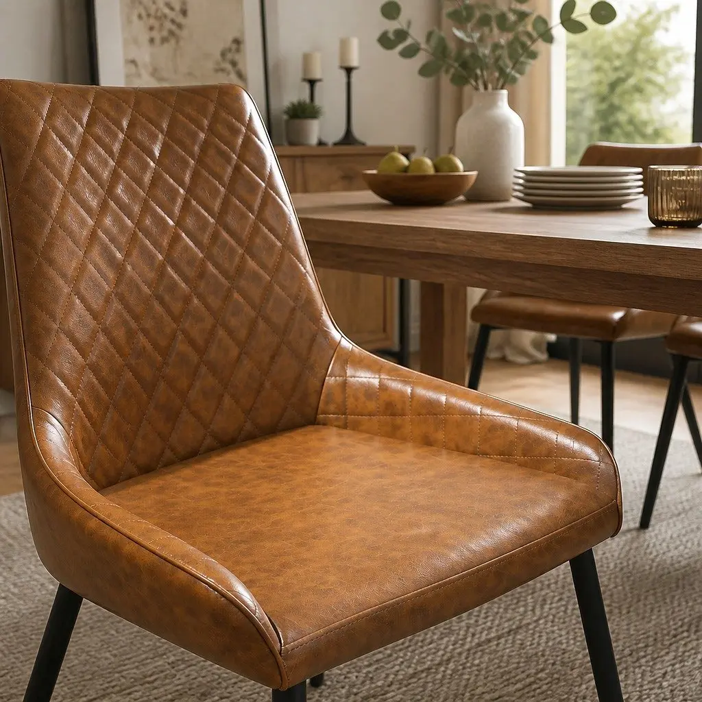 Dining Chairs Contemporary Brown Padded Seat PU Faux Leather Steel Legs 8 Piece Set