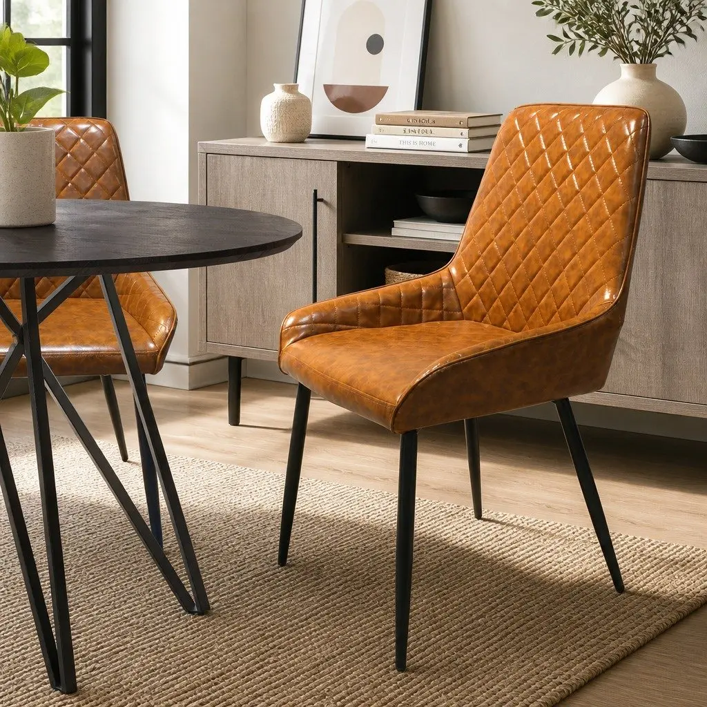 Dining Chairs Contemporary Brown Padded Seat PU Faux Leather Steel Legs 8 Piece Set