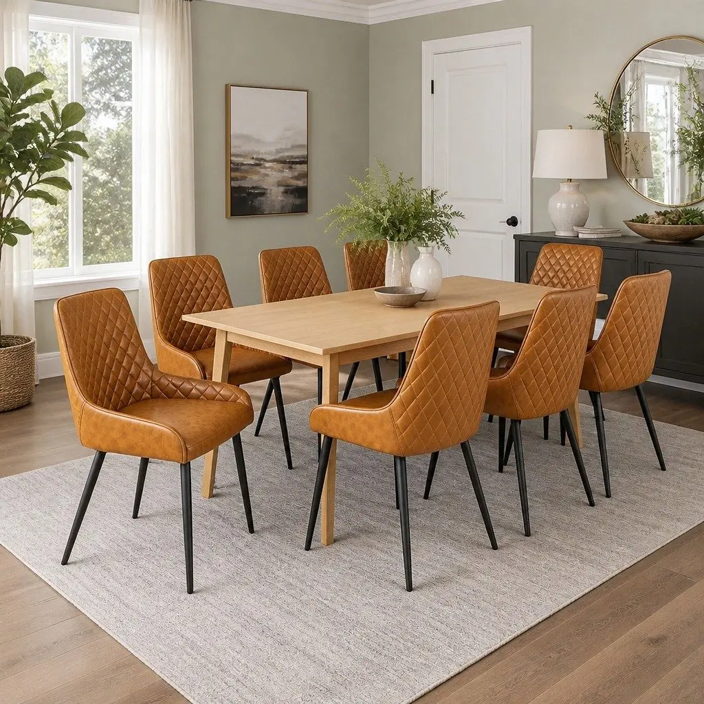 Dining Chairs Contemporary Brown Padded Seat PU Faux Leather Steel Legs 8 Piece Set