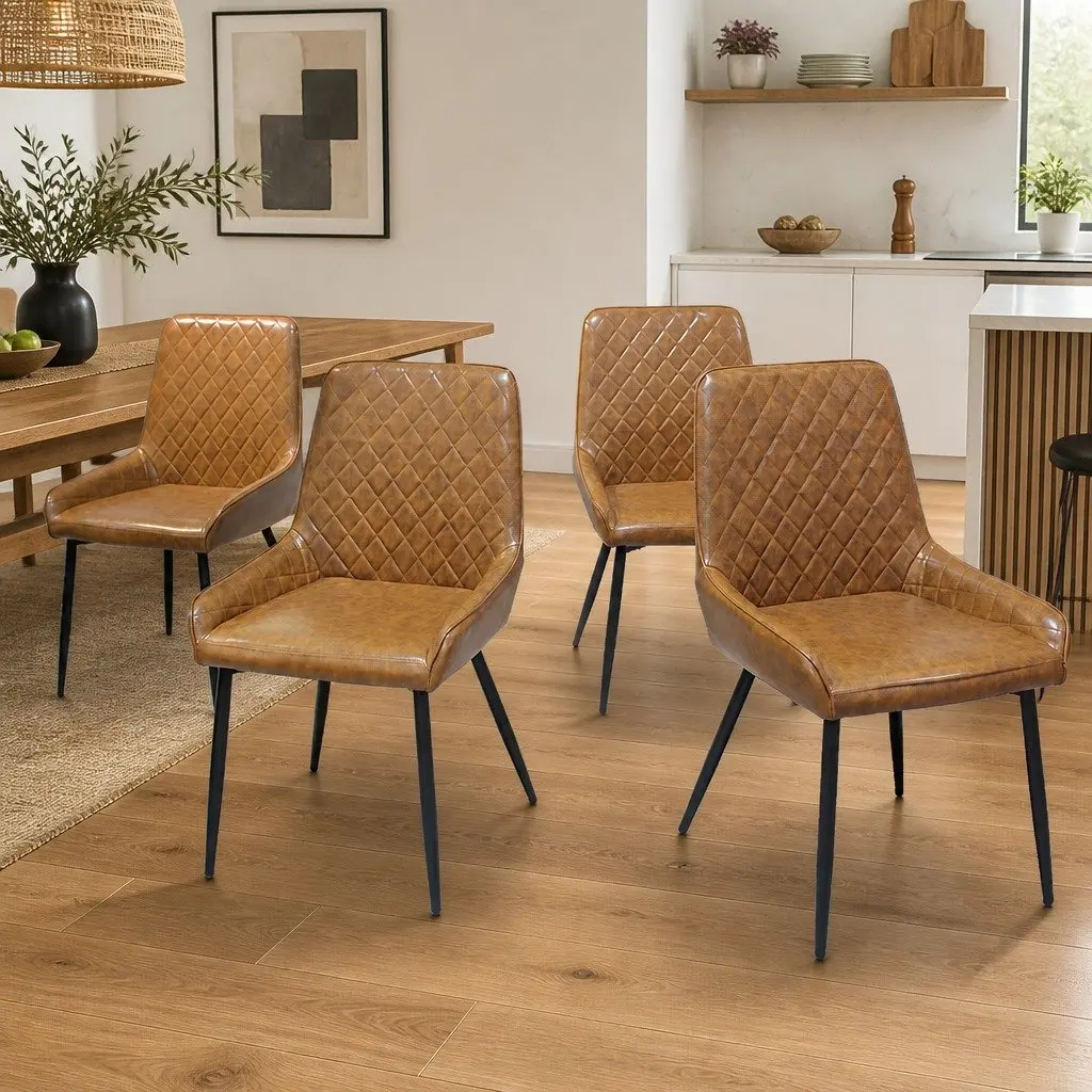Dining Chairs Contemporary Brown Padded Seat PU Faux Leather Steel Legs 8 Piece Set