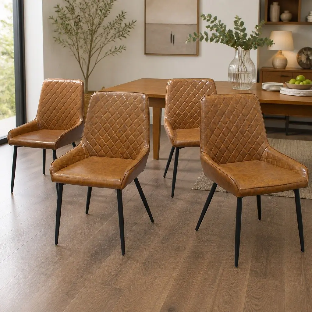 4 Piece Dining Chairs Steel Frame Brown Padded Seat PU Faux Leather