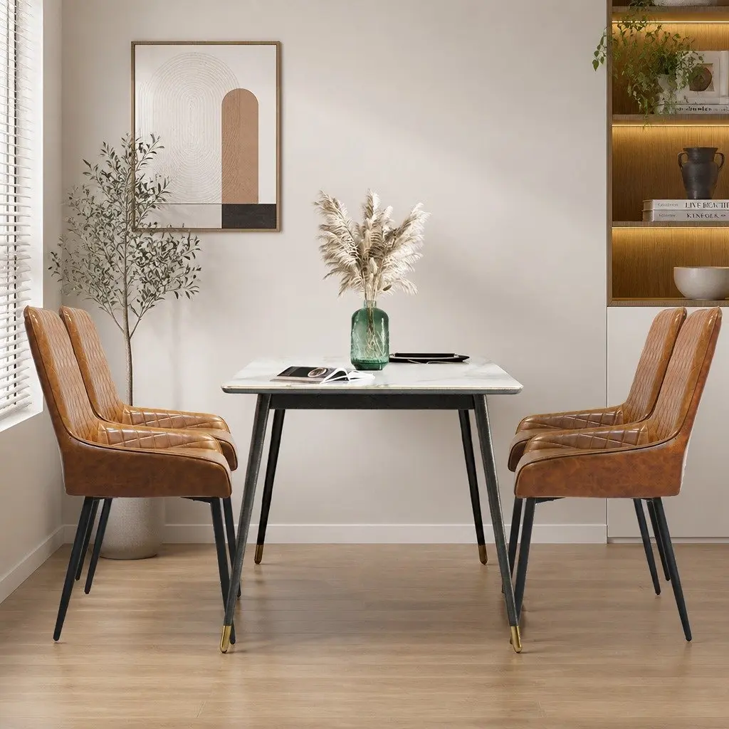 4 Piece Dining Chairs Steel Frame Brown Padded Seat PU Faux Leather