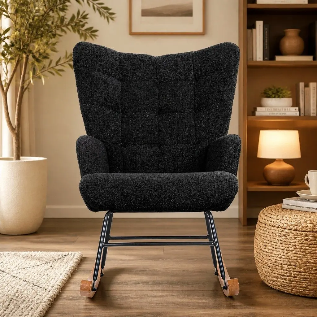 Rocking Chair Ergonomic Sherpa Fleece Grey Lounge Seat Metal Legs Home Furniture