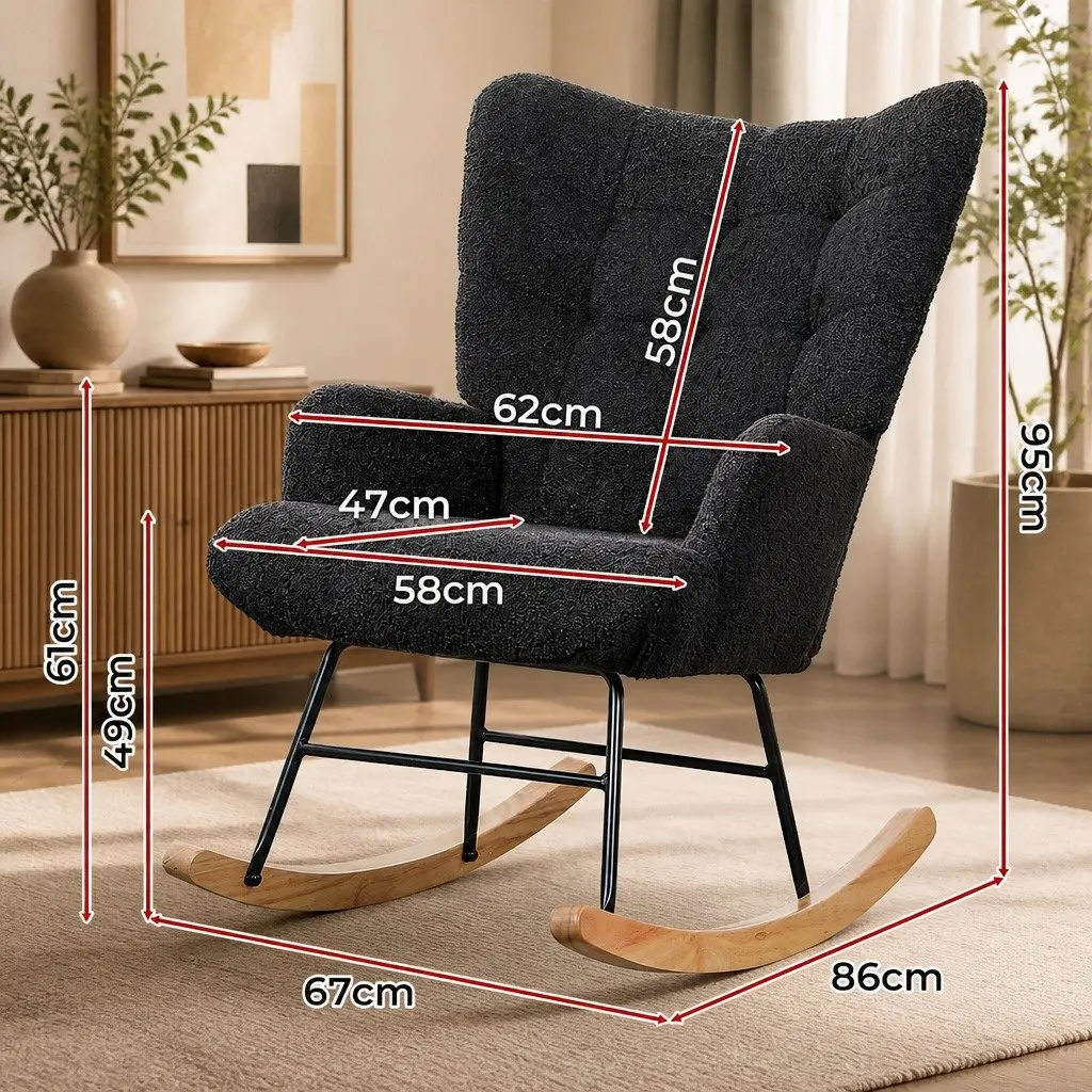 Rocking Chair Ergonomic Sherpa Fleece Grey Lounge Seat Metal Legs Home Furniture