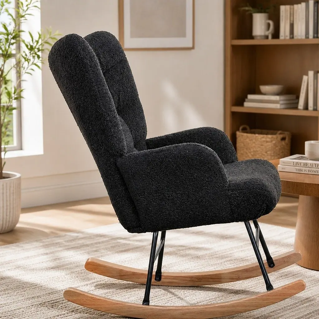 Rocking Chair Ergonomic Sherpa Fleece Grey Lounge Seat Metal Legs Home Furniture