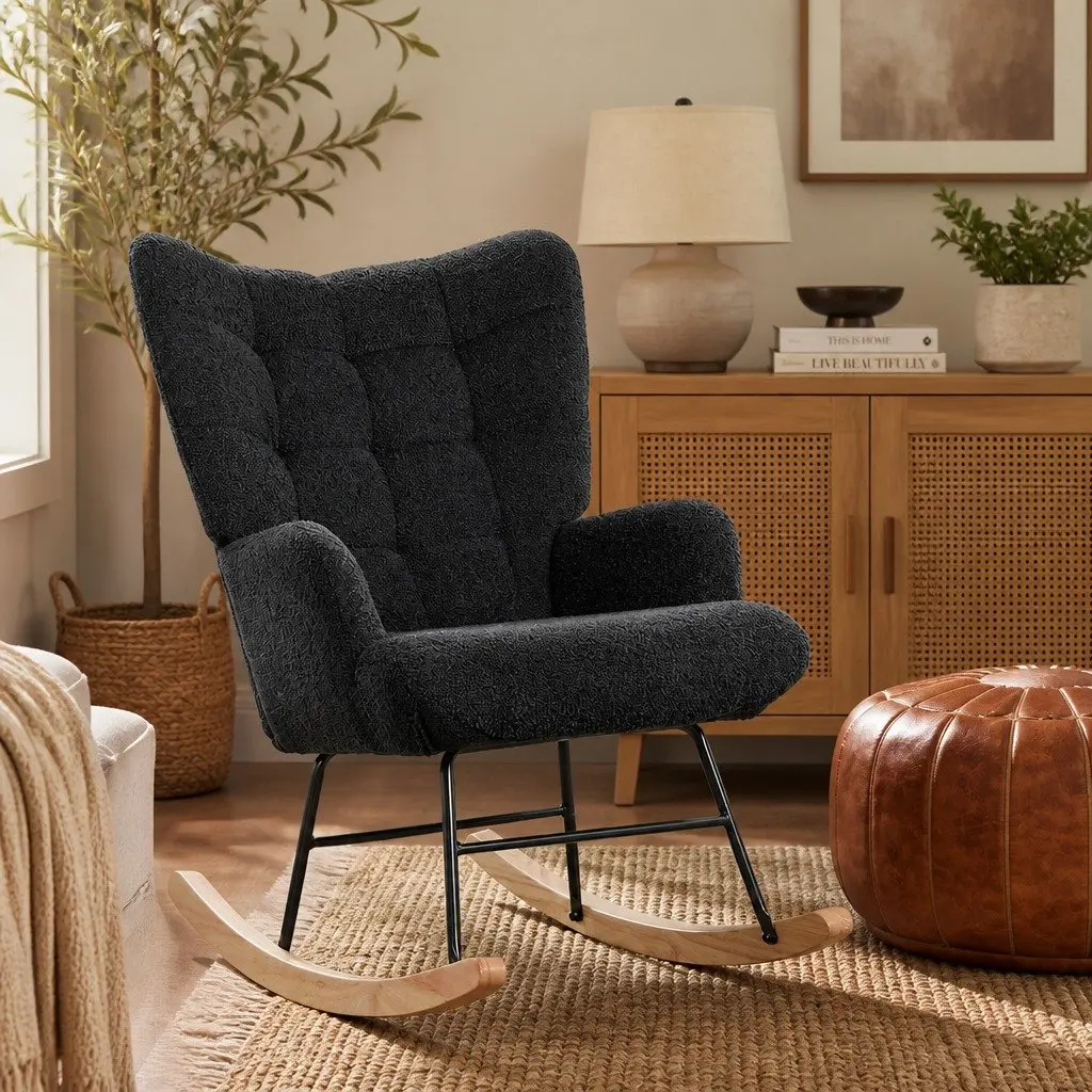 Rocking Chair Ergonomic Sherpa Fleece Grey Lounge Seat Metal Legs Home Furniture