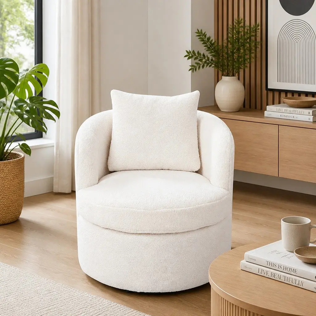 Swivel Armchair Sherpa Fleece Upholstery 360 Degree Rotating Single Sofa Accent Barrel