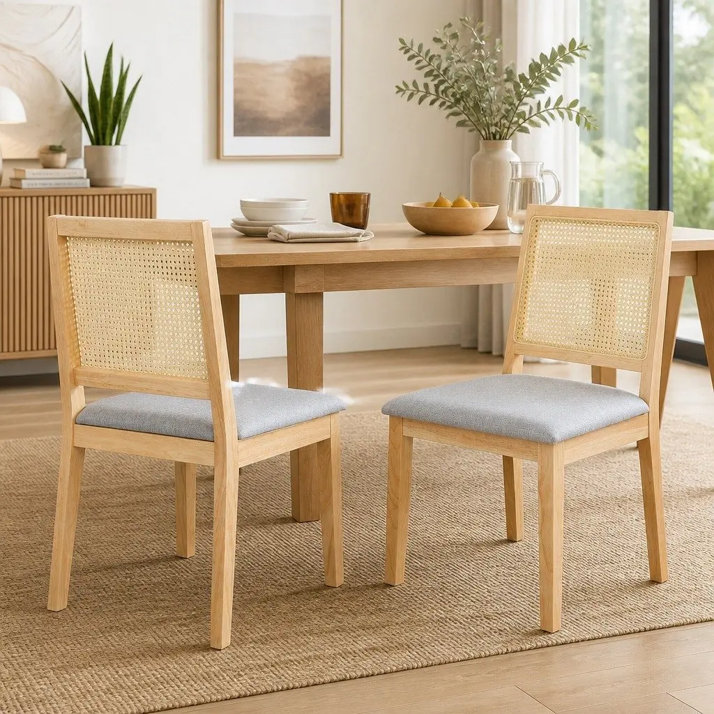 Set of 6 Armless Dining Chairs with Rattan Weave