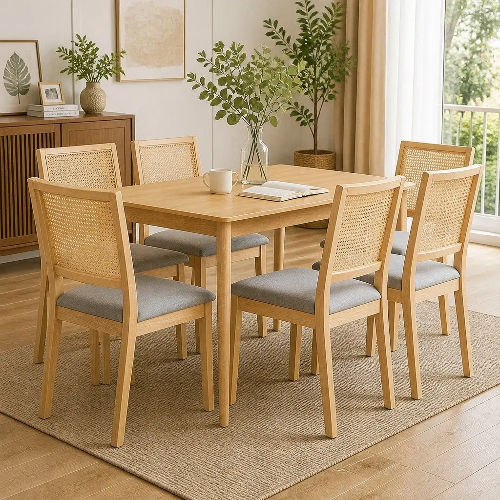 Set of 6 Armless Dining Chairs with Rattan Weave
