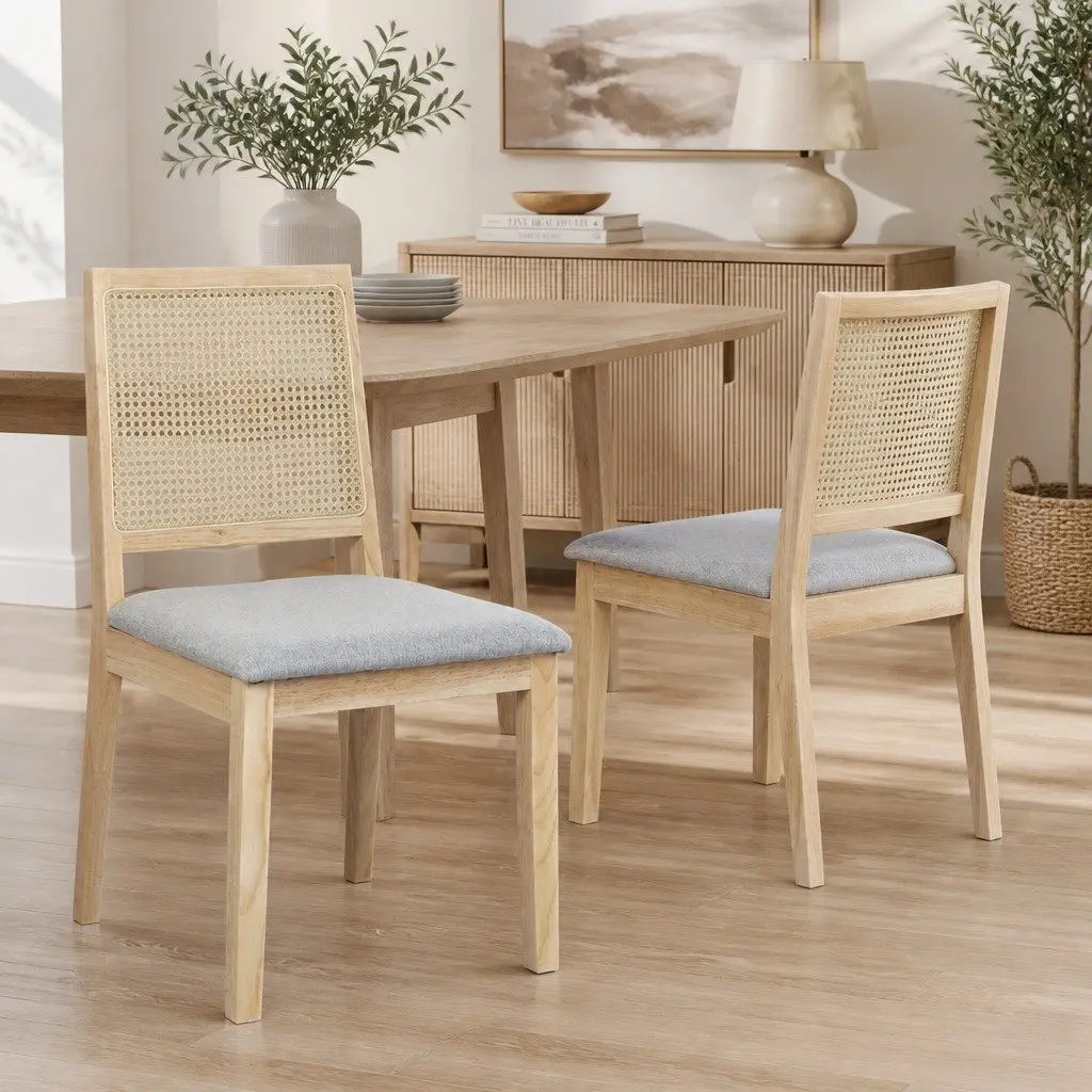 Set of 6 Armless Dining Chairs with Rattan Weave