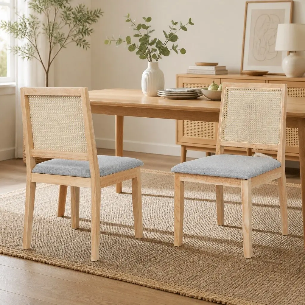 Set of 8 Armless Dining Chairs with Rattan Weave