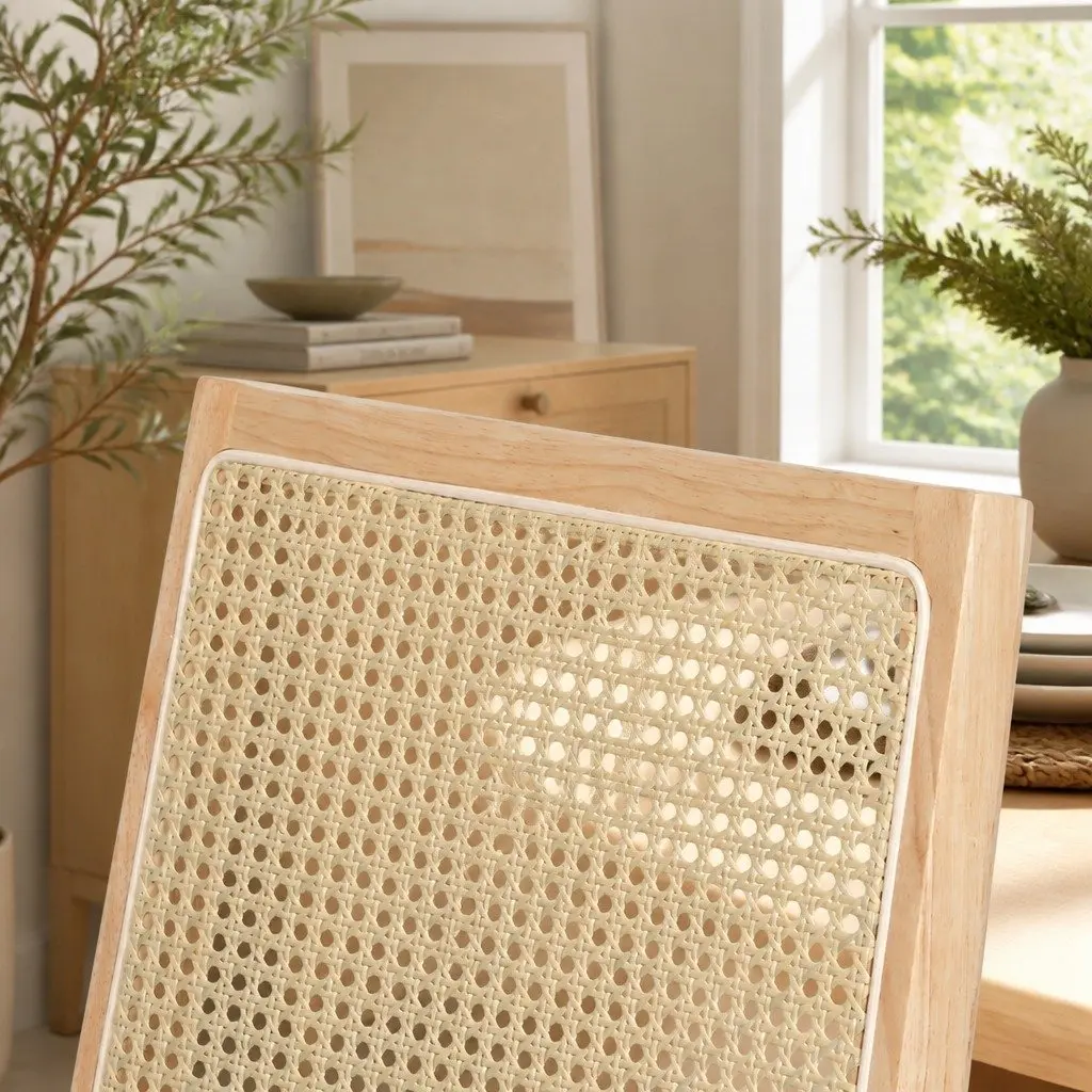 Set of 8 Armless Dining Chairs with Rattan Weave
