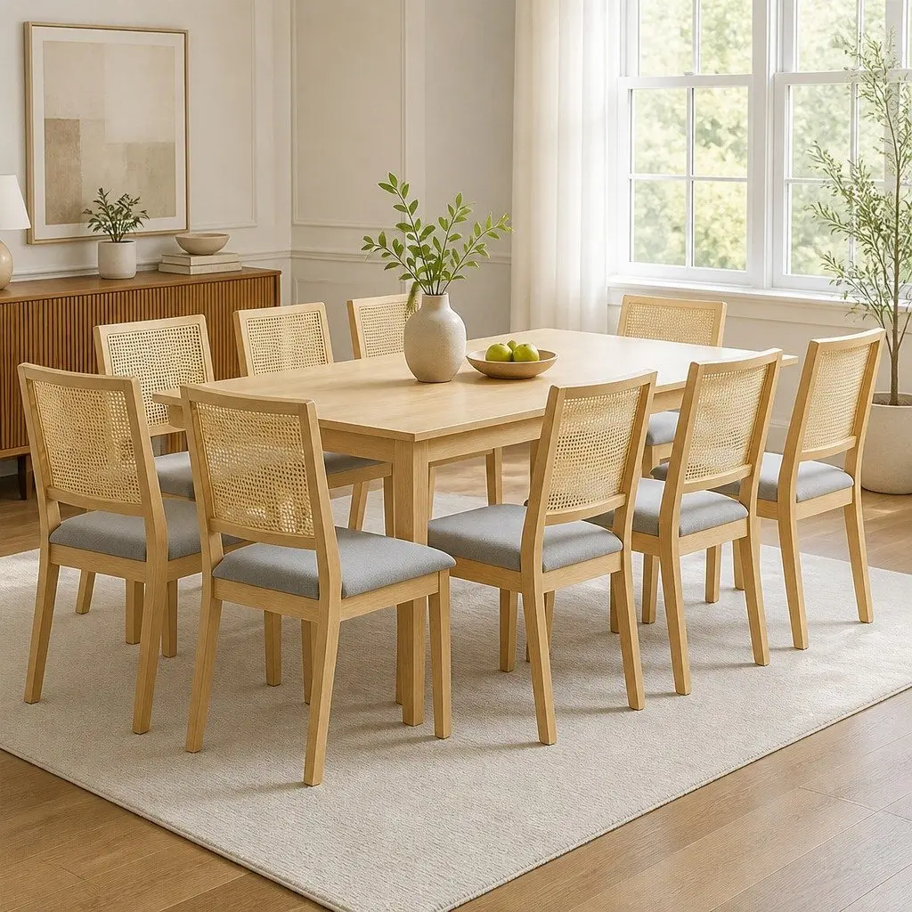 Set of 8 Armless Dining Chairs with Rattan Weave