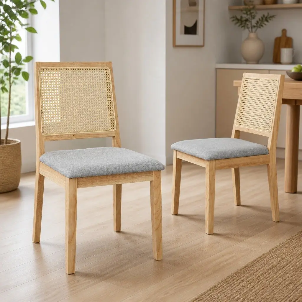 Set of 8 Armless Dining Chairs with Rattan Weave