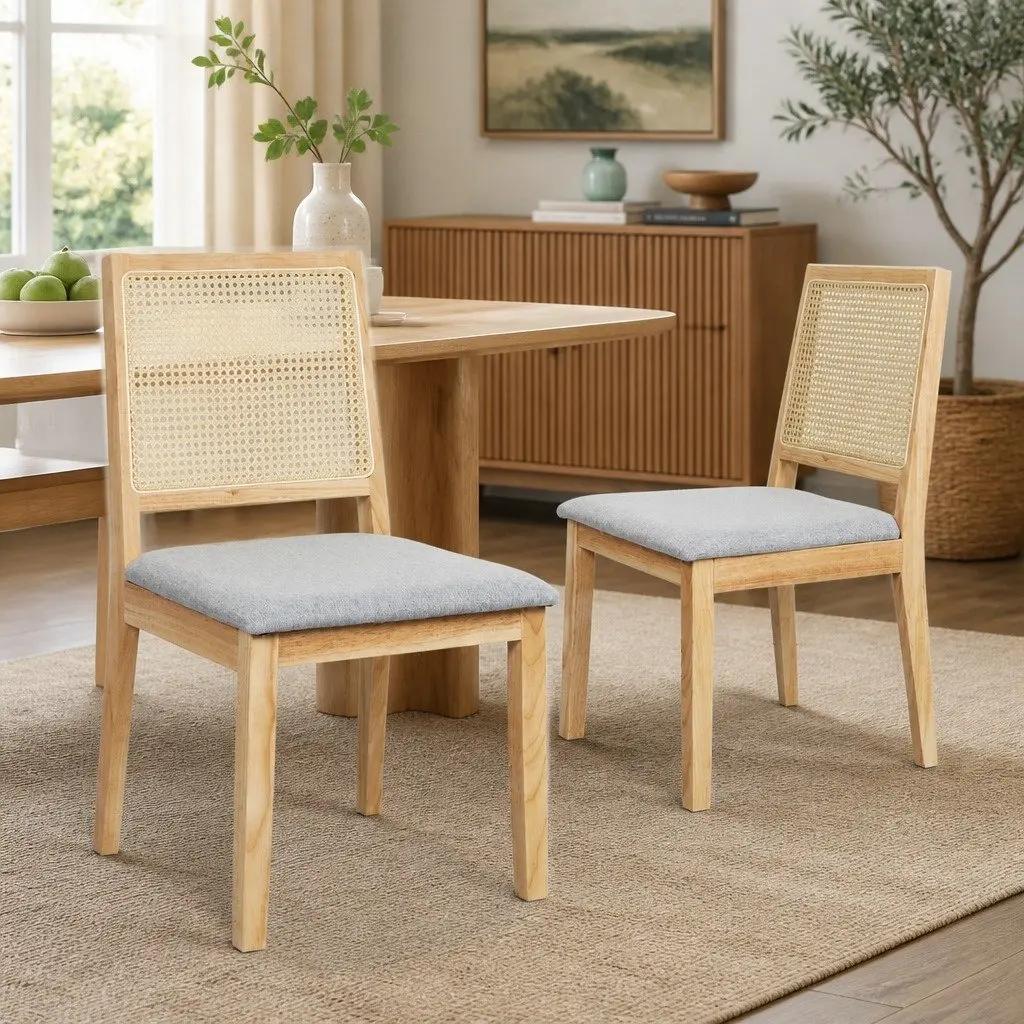 Dining Chairs Rattan Weave Open Back 2 Piece Wooden Lounge Seat