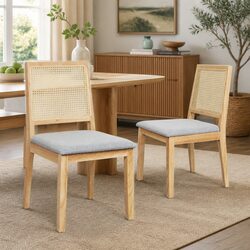 Set of 2 Wooden Dining Chairs with Rattan Weave