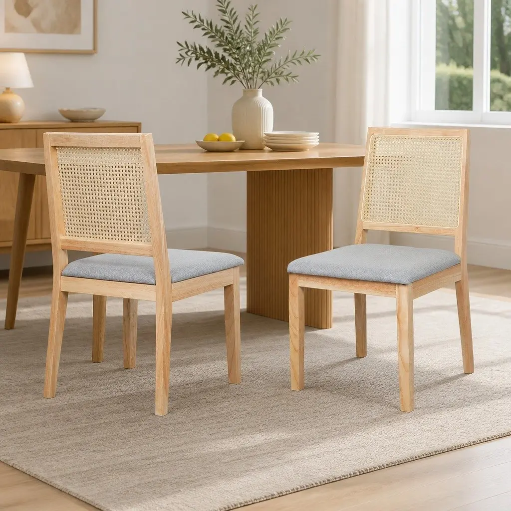 Dining Chairs Rattan Weave Open Back 2 Piece Wooden Lounge Seat