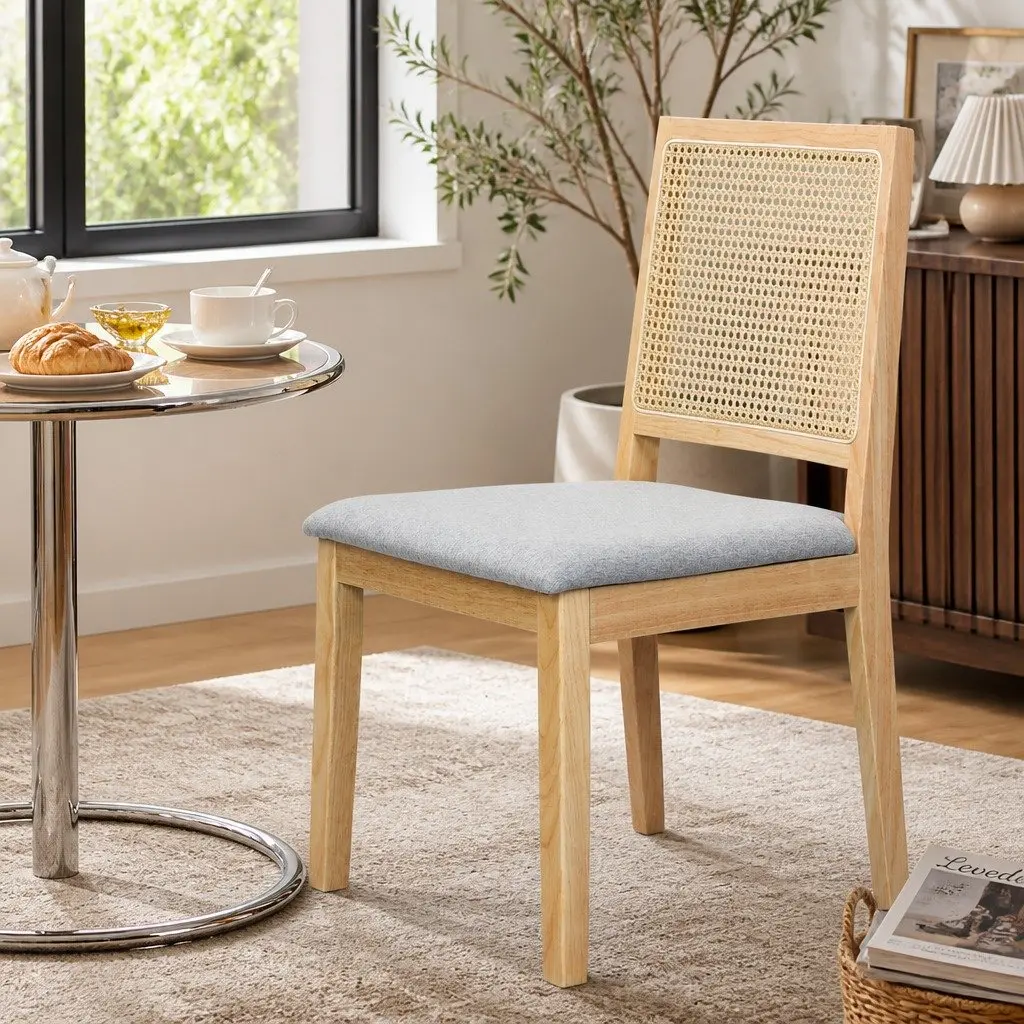 Dining Chairs Rattan Weave Open Back 2 Piece Wooden Lounge Seat
