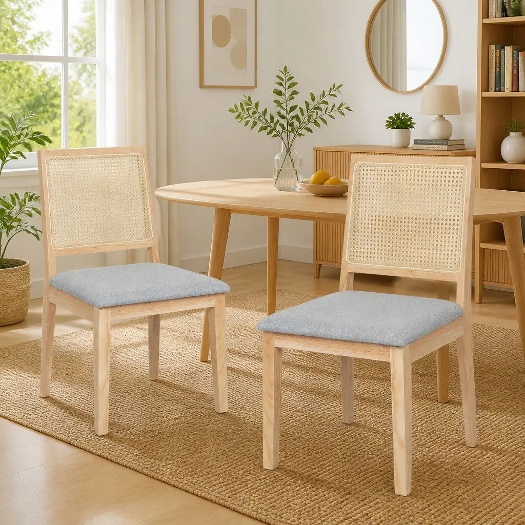 Dining Chairs Rattan Weave Open Back 2 Piece Wooden Lounge Seat