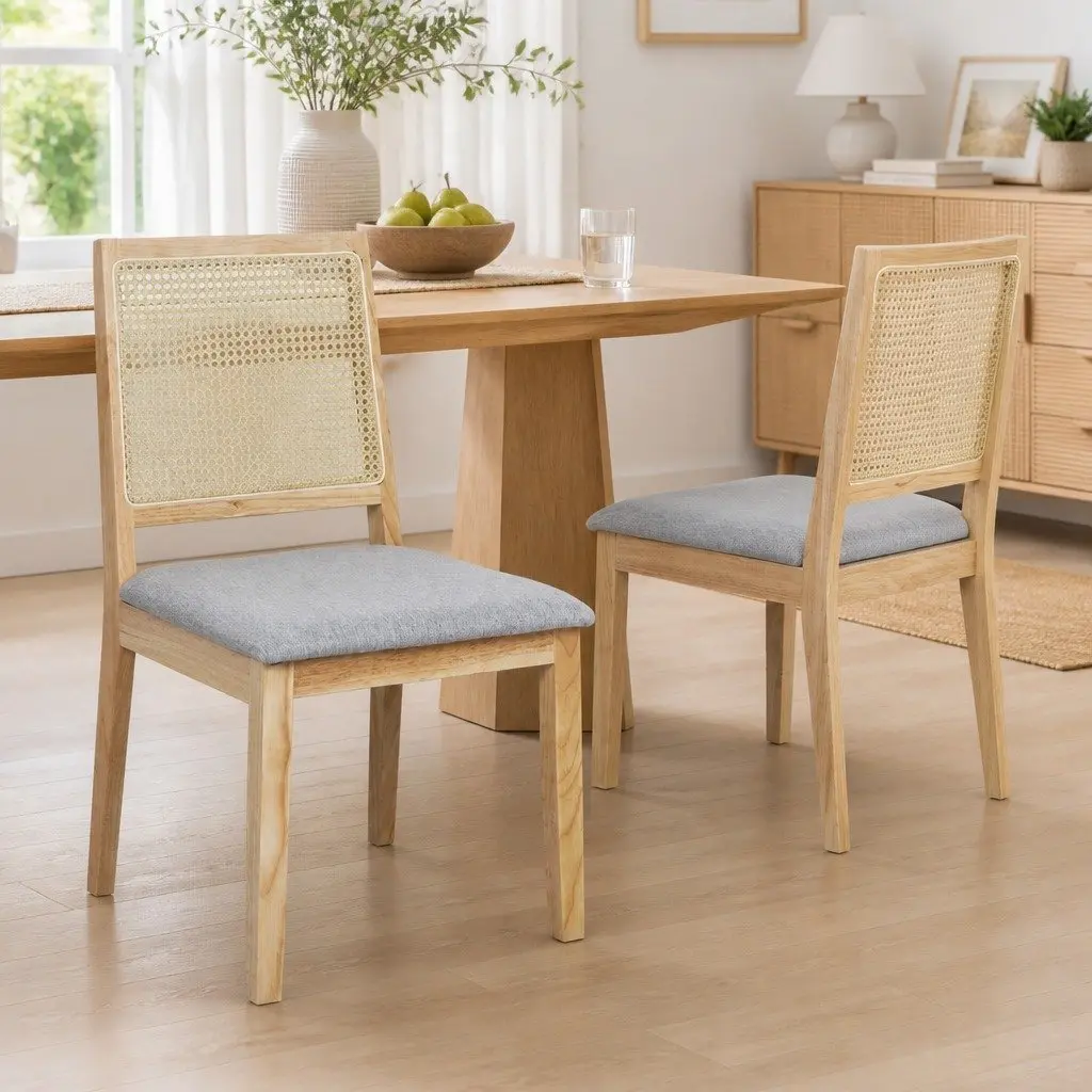Dining Chairs Rattan Weave Open Back 2 Piece Wooden Lounge Seat