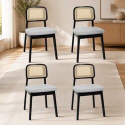 Set of 4 Black Upholstered Dining Chairs with Rattan Back
