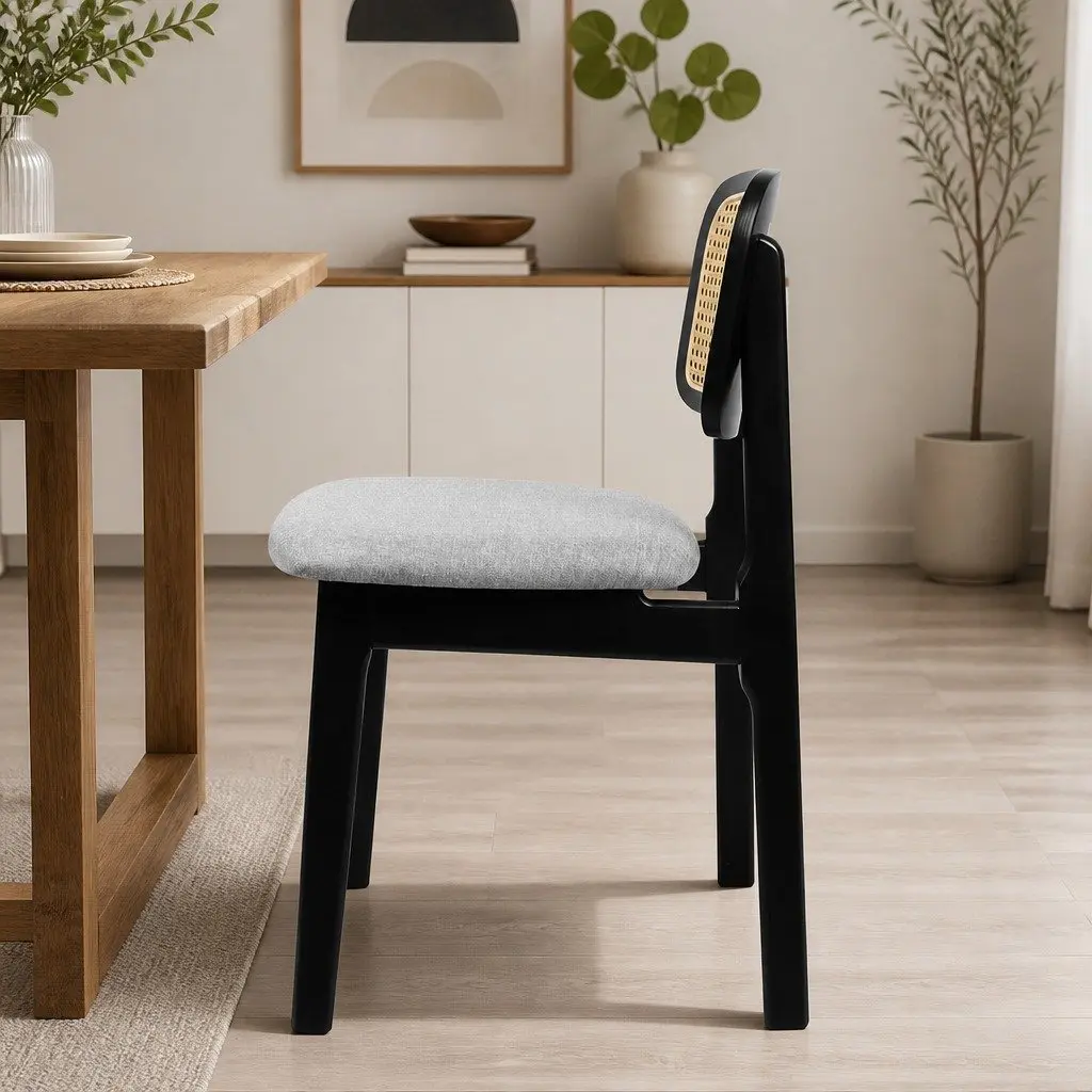 Set of 4 Black Upholstered Dining Chairs with Rattan Back