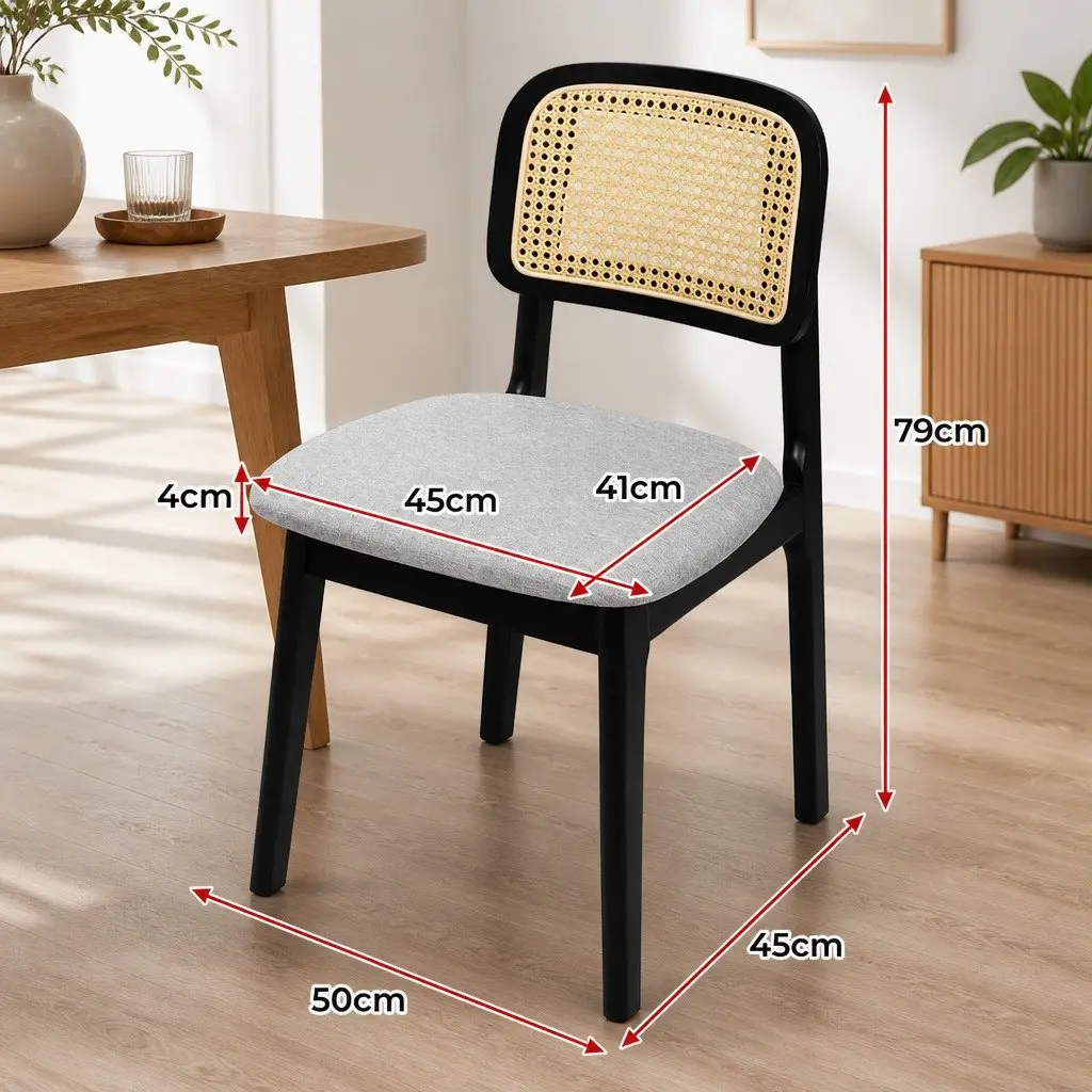 Set of 4 Black Upholstered Dining Chairs with Rattan Back