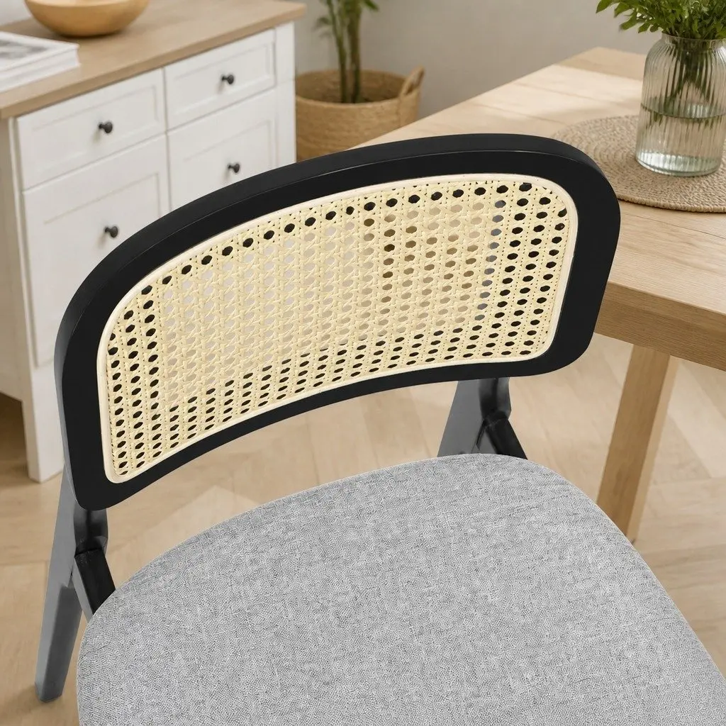 Set of 4 Black Upholstered Dining Chairs with Rattan Back