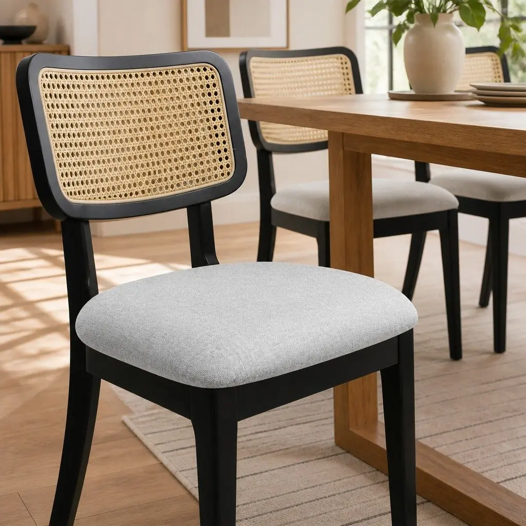 Set of 4 Black Upholstered Dining Chairs with Rattan Back