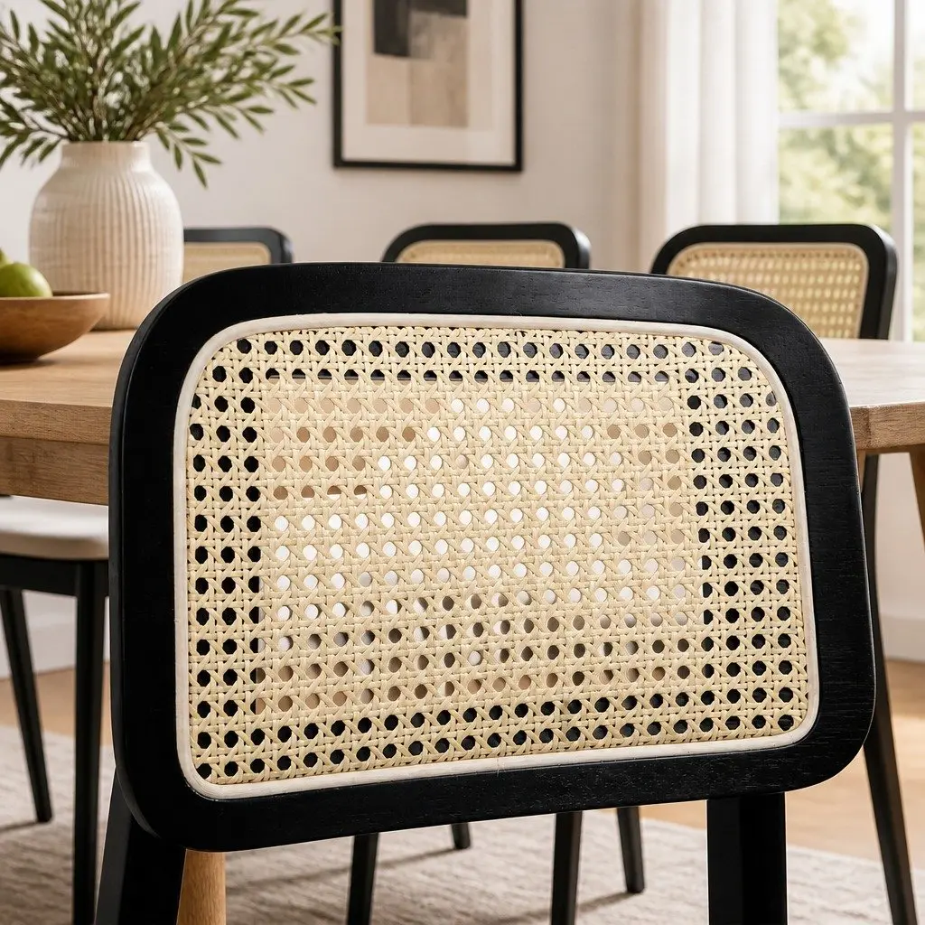 Set of 4 Black Upholstered Dining Chairs with Rattan Back