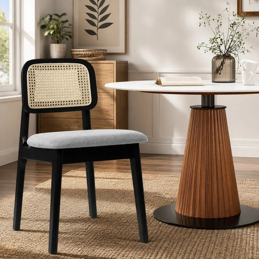 Set of 4 Black Upholstered Dining Chairs with Rattan Back