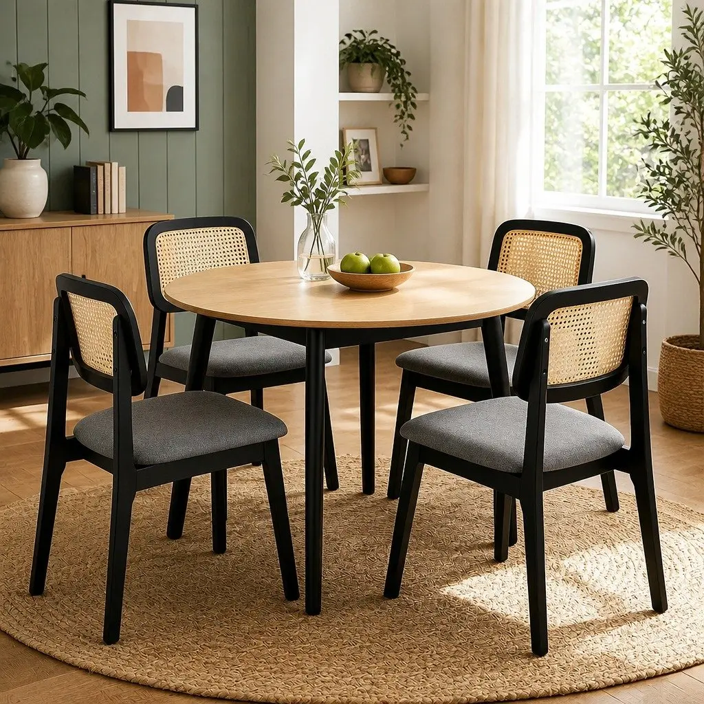 Set of 4 Black Upholstered Dining Chairs with Rattan Back