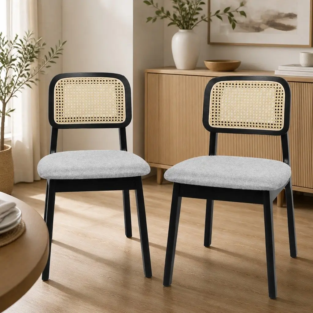 Set of 4 Black Upholstered Dining Chairs with Rattan Back
