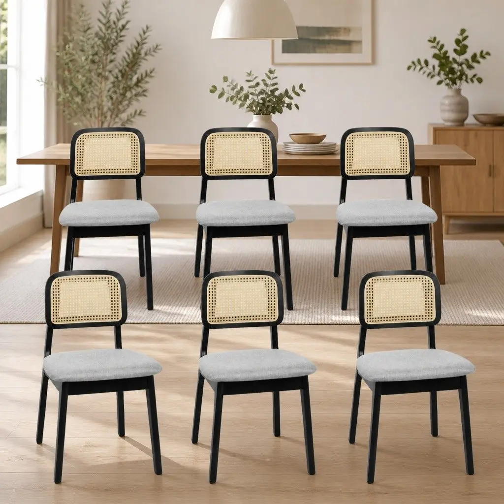 Dining Chair Set of 6 Rattan Weave Armless Black Wood Frame Velvet Upholstered