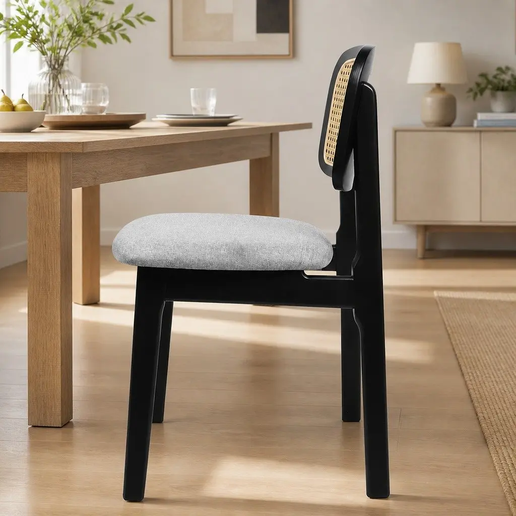 Dining Chair Set of 6 Rattan Weave Armless Black Wood Frame Velvet Upholstered