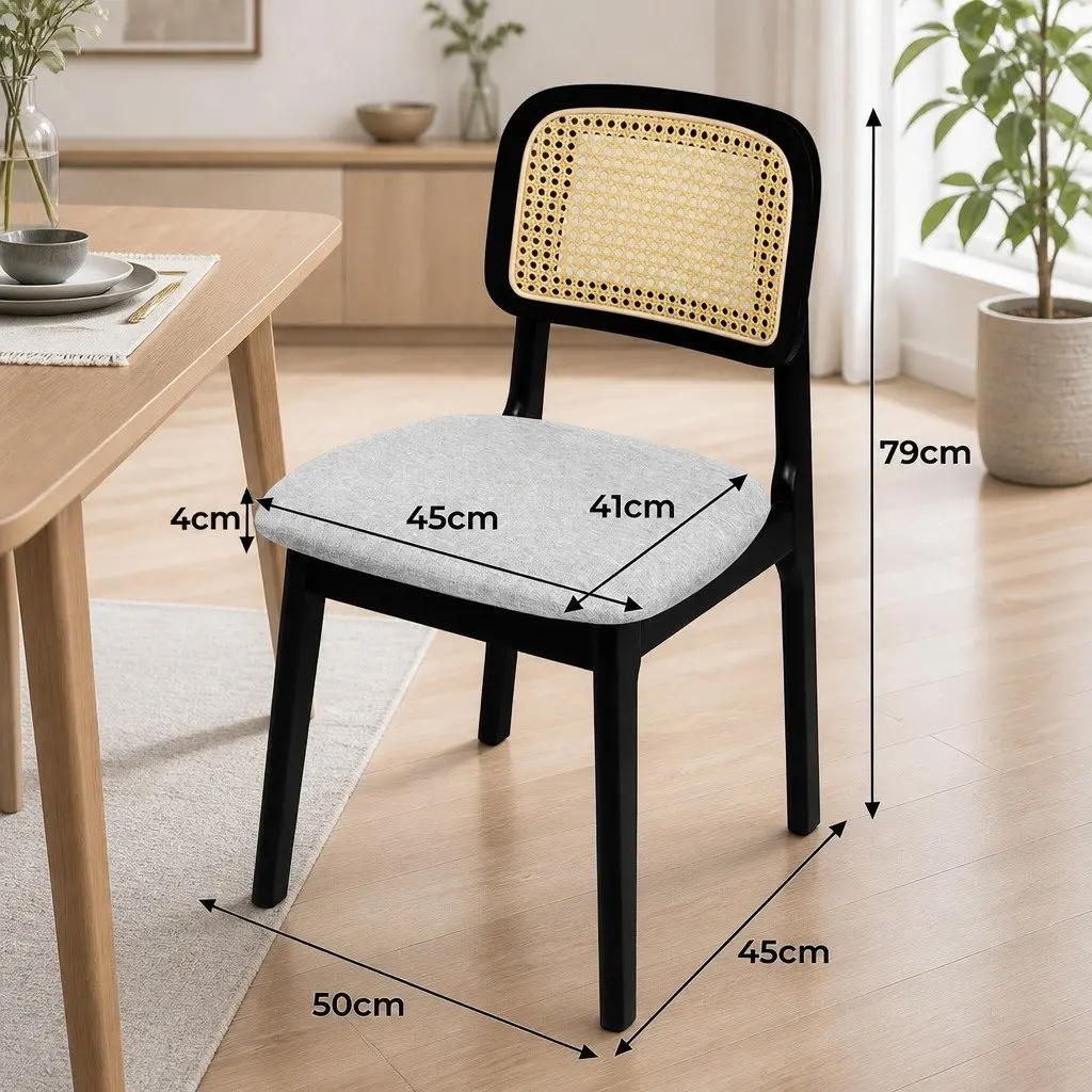 Dining Chair Set of 6 Rattan Weave Armless Black Wood Frame Velvet Upholstered