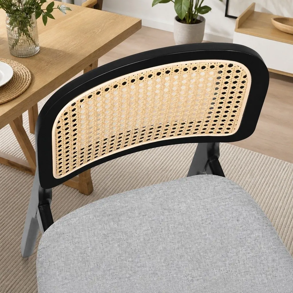 Dining Chair Set of 6 Rattan Weave Armless Black Wood Frame Velvet Upholstered