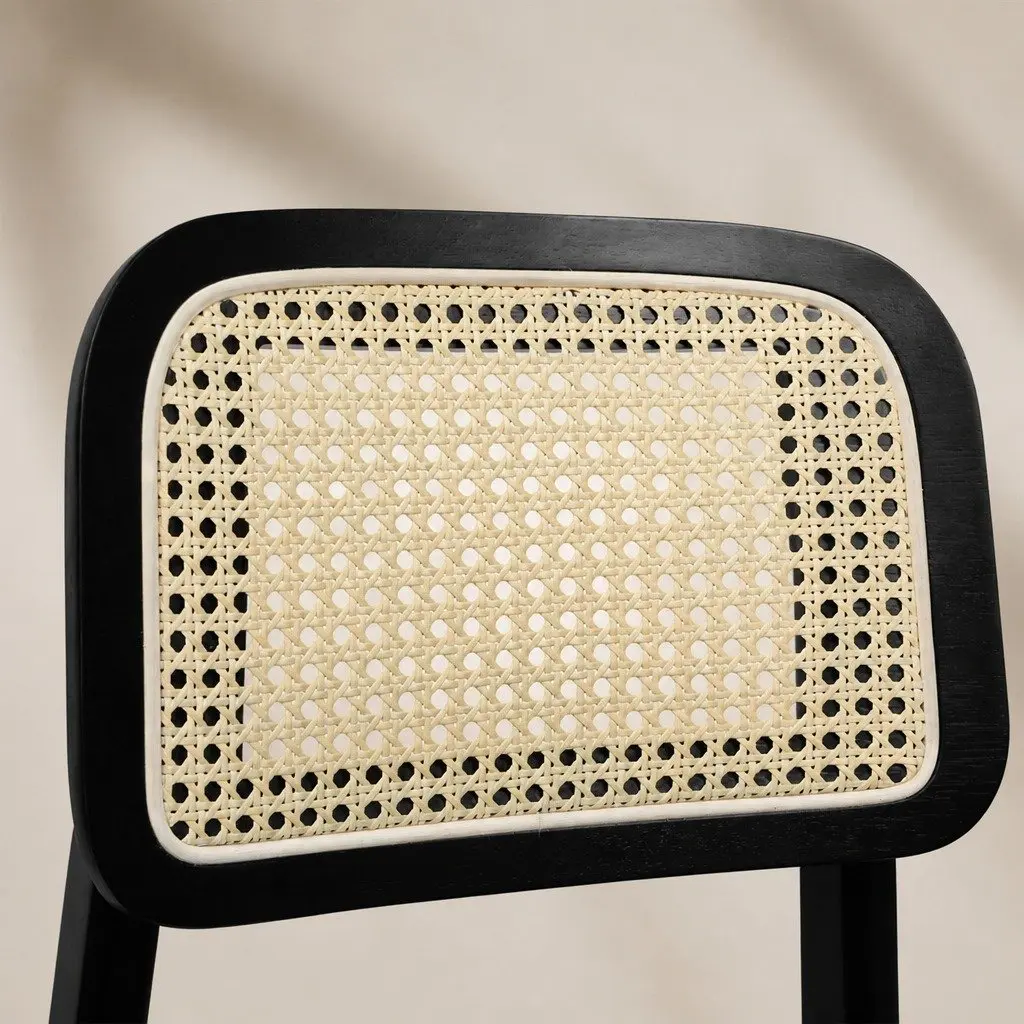 Dining Chair Set of 6 Rattan Weave Armless Black Wood Frame Velvet Upholstered