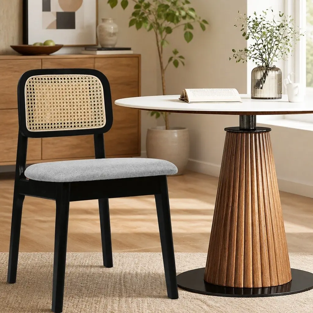 Dining Chair Set of 6 Rattan Weave Armless Black Wood Frame Velvet Upholstered