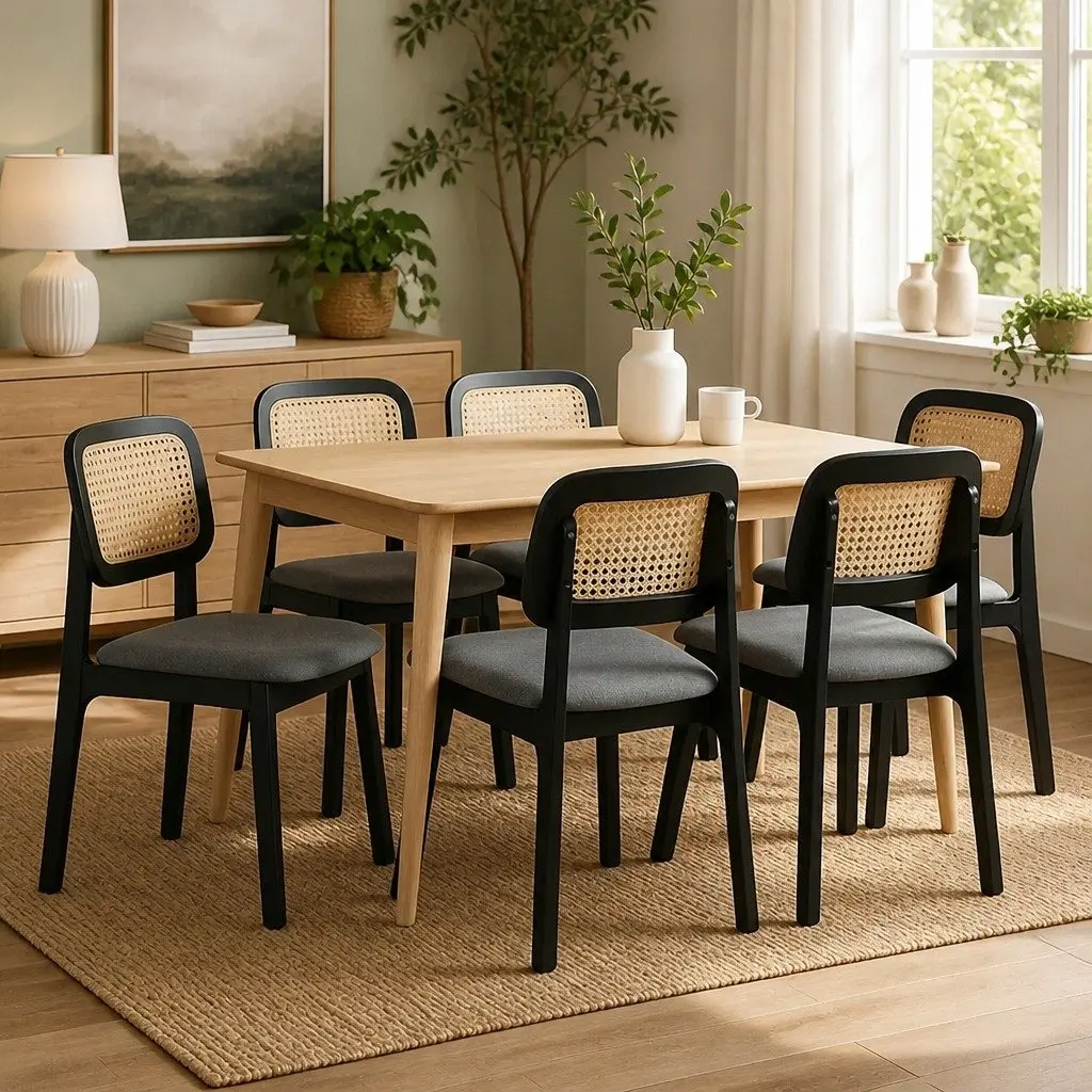 Dining Chair Set of 6 Rattan Weave Armless Black Wood Frame Velvet Upholstered