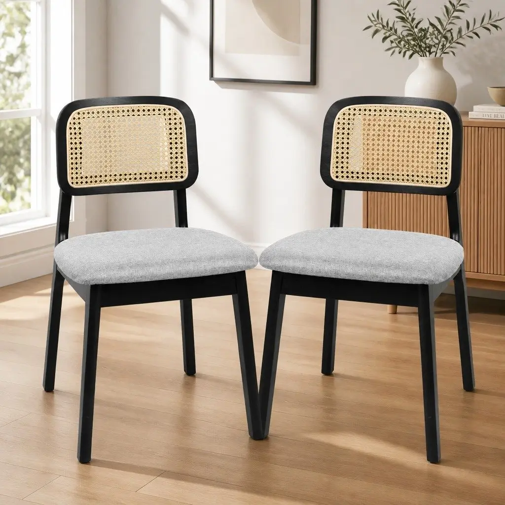 Dining Chair Set of 6 Rattan Weave Armless Black Wood Frame Velvet Upholstered